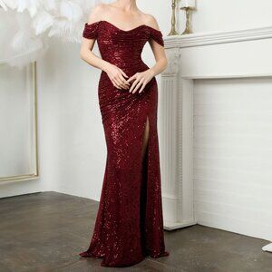 Burgundy Red Sequin Off the Shoulder Formal Prom Wedding Evening Dress 6